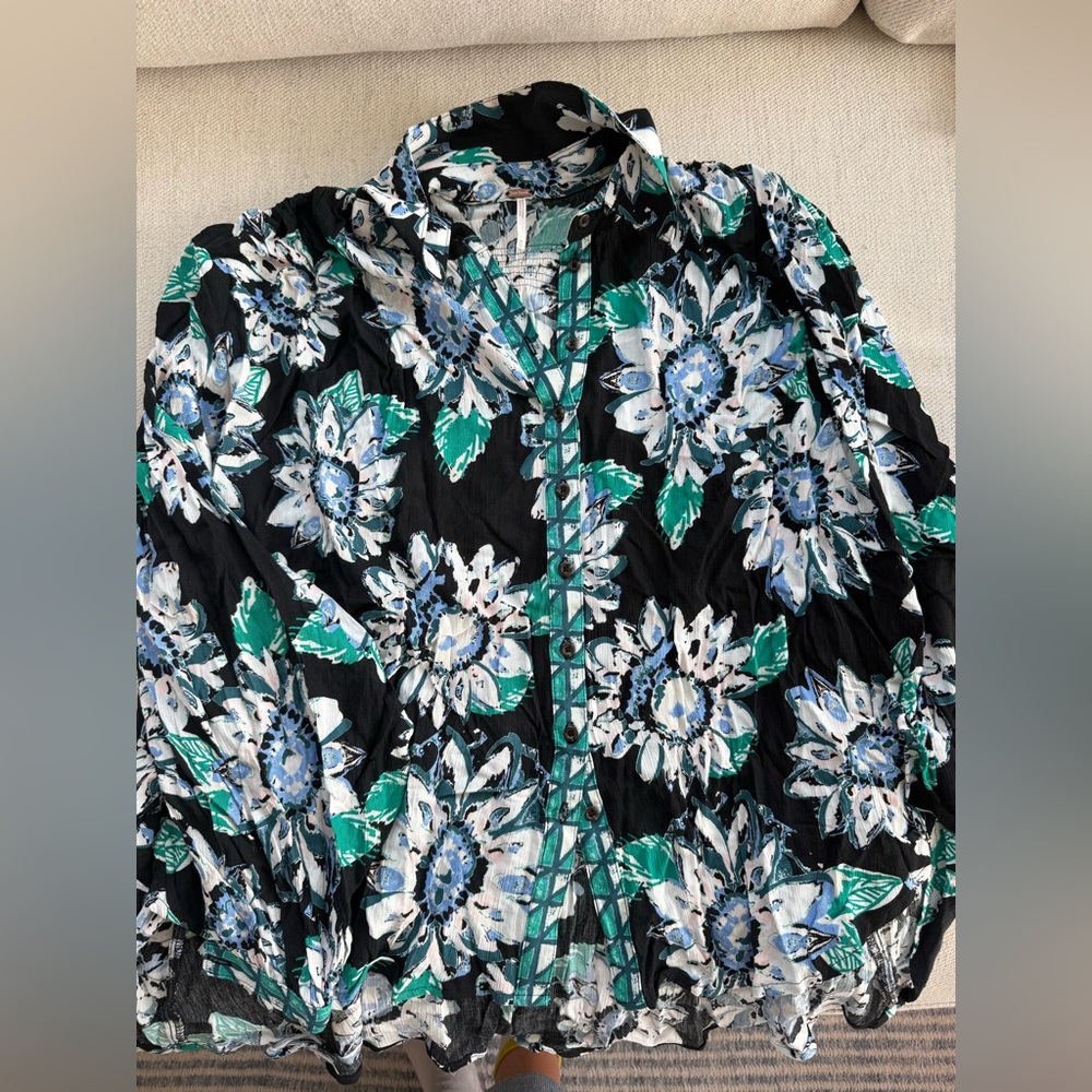 Free People Green and Black Patterned Shirt